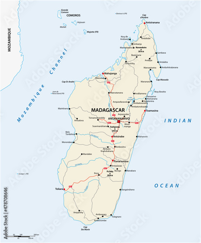 road map of the African island nation of Madagascar