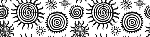 Ethnic background, sun symbols. Border, vector design. Seamless pattern. 