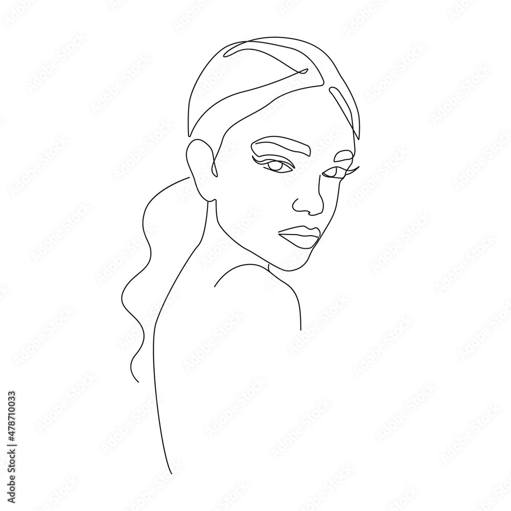 Woman Head Line Art Drawing. Abstract Female Head One Line Drawing for Wall Art, Fashion Prints, Posters. Art Sketch Print, Black And White Single Line Art, Feminine Poster. Vector EPS 10