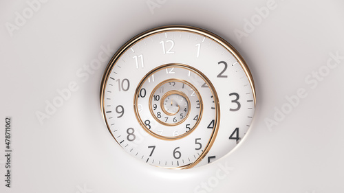 Vintage spinning round clock face with infinity time. Golden Spin Clock on abstract silver background. time is concept. 3D Render.