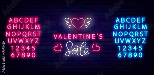Valentines Sale neon sign with alphabet. Special offer. Bright advertising. Editable stroke. Vector stock illustration