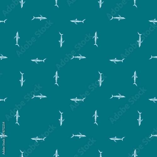 Seamless pattern Blue shark on teal background. Texture of marine fish for any purpose.