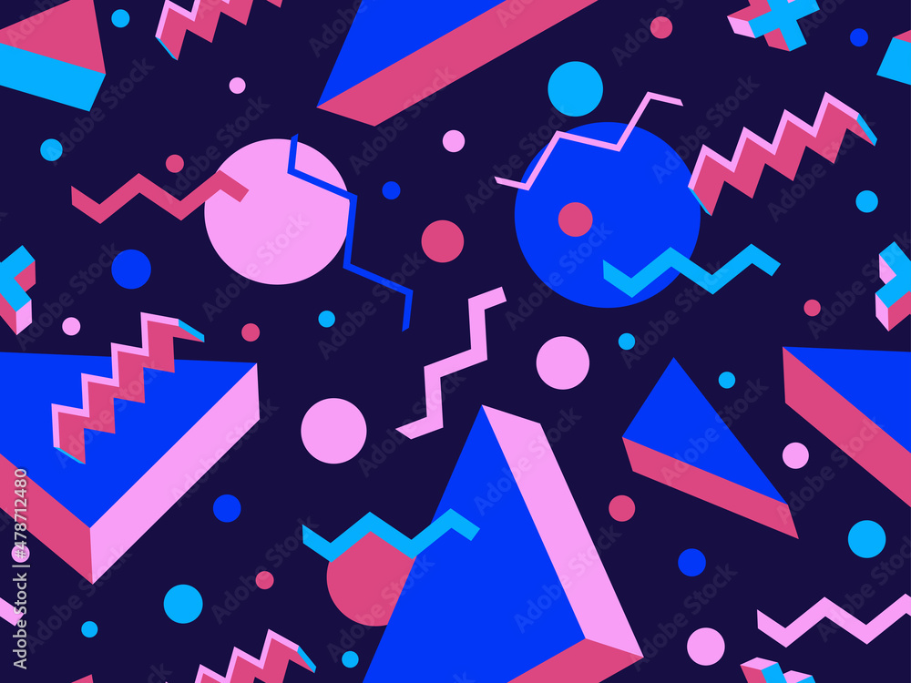 Fototapeta premium Geometric seamless pattern with 3d shapes in 80s memphis style. Multicolored isometric geometric shapes. Design template for promotional items, wrapping paper and banners. Vector illustration
