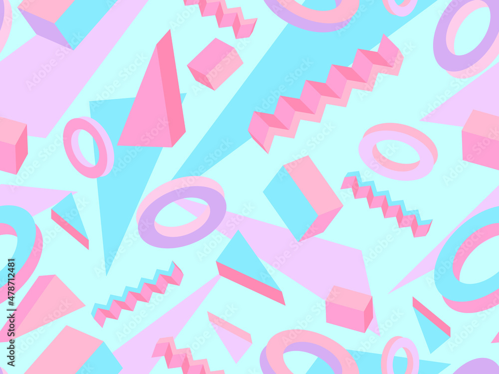 Geometric seamless pattern with 3d shapes in 80s memphis style. Multicolored isometric geometric shapes. Design template for promotional items, wrapping paper and banners. Vector illustration Geometric seamless pattern with 3d shapes in 80s memphis style. Multicolored isometric geometric shapes. Design template for promotional items, wrapping paper and banners. Vector illustration