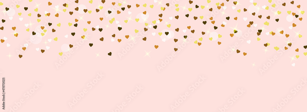 Gold hearts confetti isolated on pink background. Vector illustration. Falling golden hearts with bokeh and sparkles for party decoration, birthday celebrate, banner, anniversary. Festival decor. Gold hearts confetti isolated on pink background. Vector illustration. Falling golden hearts with bokeh and sparkles for party decoration, birthday celebrate, banner, anniversary. Festival decor.