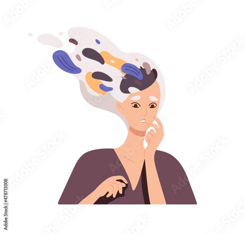 Woman with obsessive, paranoid thoughts in mind. Anxious nervous person in panic thinking about problems. Psychology concept of mental disorder. Flat vector illustration isolated on white background