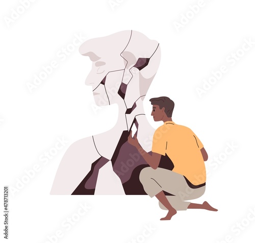 Mental recovery and rehabilitation, psychology concept. Person during restoration of broken self fragments, psychotherapy process. Mind health. Flat vector illustration isolated on white background