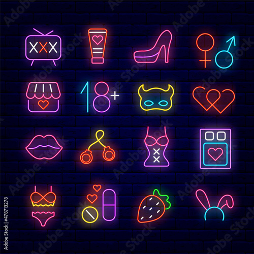 Sex shop neon icons set. Erotic items store. Shiny logotype design collection. Mars and venus signs. Vector illustration