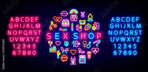 Sex shop neon text with shiny icons. Blue and pink light alphabet. Glowing sign on brick wall. Vector stock illustration