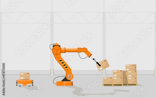 The robot arm picks up the box from the robotic trolley and stacks it on pallets. Warehouse automation concept. Vector illustration.