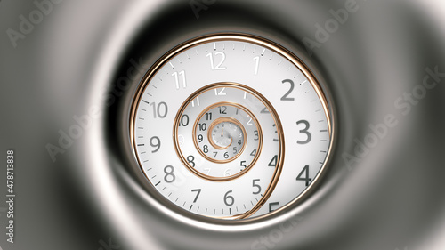 Vintage spinning round clock face with infinity time. Golden Spin Clock on abstract silver background. time is concept. 3D Render.