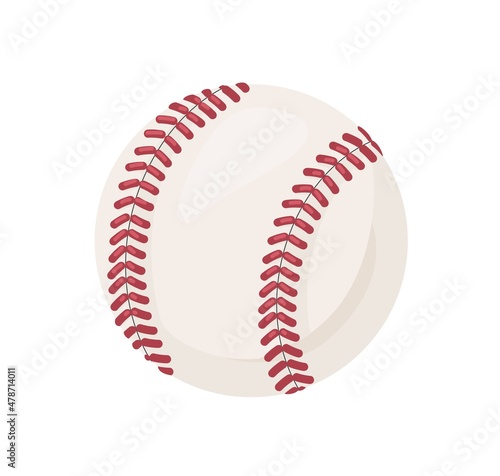 Baseball ball icon. Circle object with red laces, stitches for hardball game playing. Sports equipment, orb with seams. Flat vector illustration isolated on white background