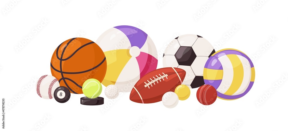 Different sports balls. Equipment for volleyball, soccer, basketball, football, tennis, rugby, baseball and pool. Leather and rubber objects for activities. Flat vector illustration isolated on white