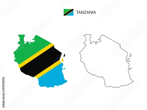 Tanzania map city vector divided by outline simplicity style. Have 2 versions, black thin line version and color of country flag version. Both map were on the white background.