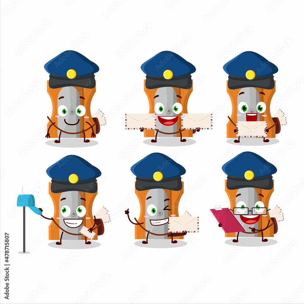 A picture of cheerful orange pencil sharpener postman cartoon design concept A picture of cheerful orange pencil sharpener postman cartoon design concept
