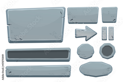 Stone buttons collection, set of rock assets in cartoon style isolated on white background. Mineral detailed objects ui game interface, app pannel.