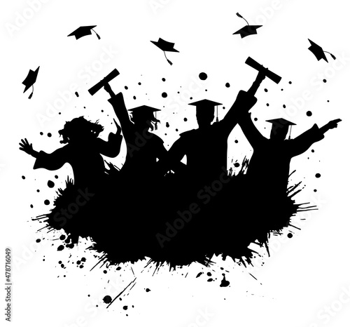 Silhouette of happy graduate students with graduating caps and grunge splash. Vector illustration