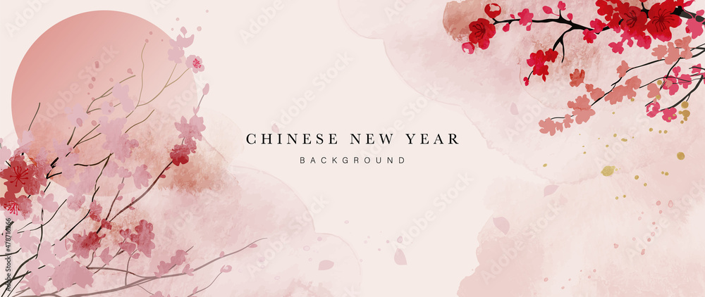 Fototapeta premium Chinese new year watercolor background vector. Oriental festive art design for place text and product images. Design for sale banner, cover and invitation.