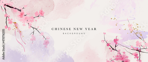 Chinese new year watercolor background vector. Oriental festive art design for place text and product images. Design for sale banner, cover and invitation.