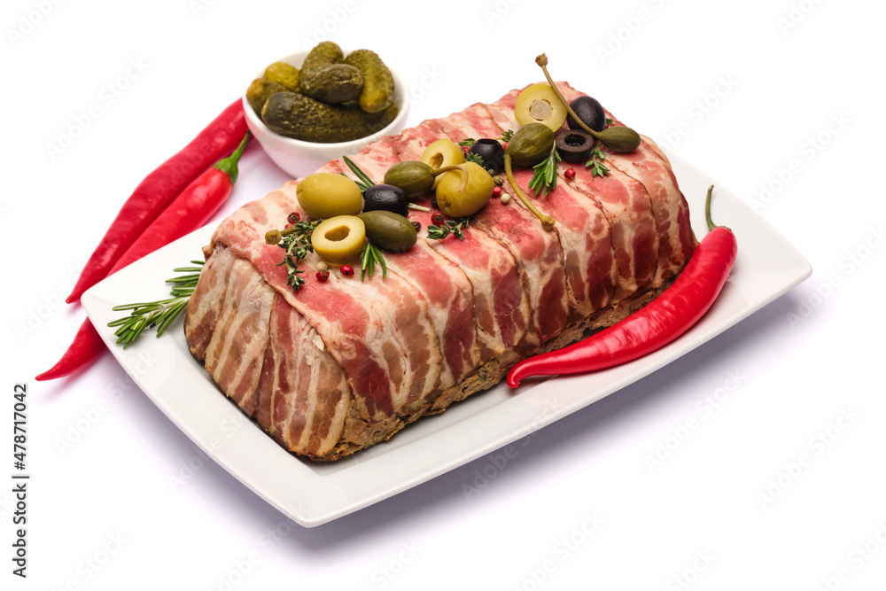 Traditional French terrine covered with bacon isolated on white background