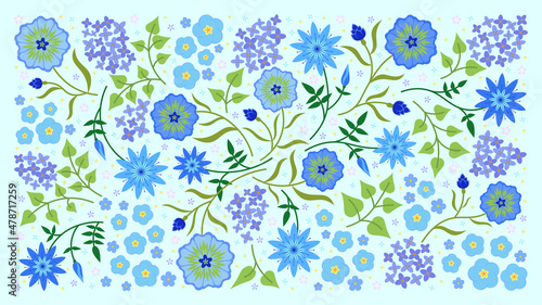 Wild Flowers Design,  Blue Floral Background,  Abstract Botanical Theme, Wedding Wallpaper, Vector Elements