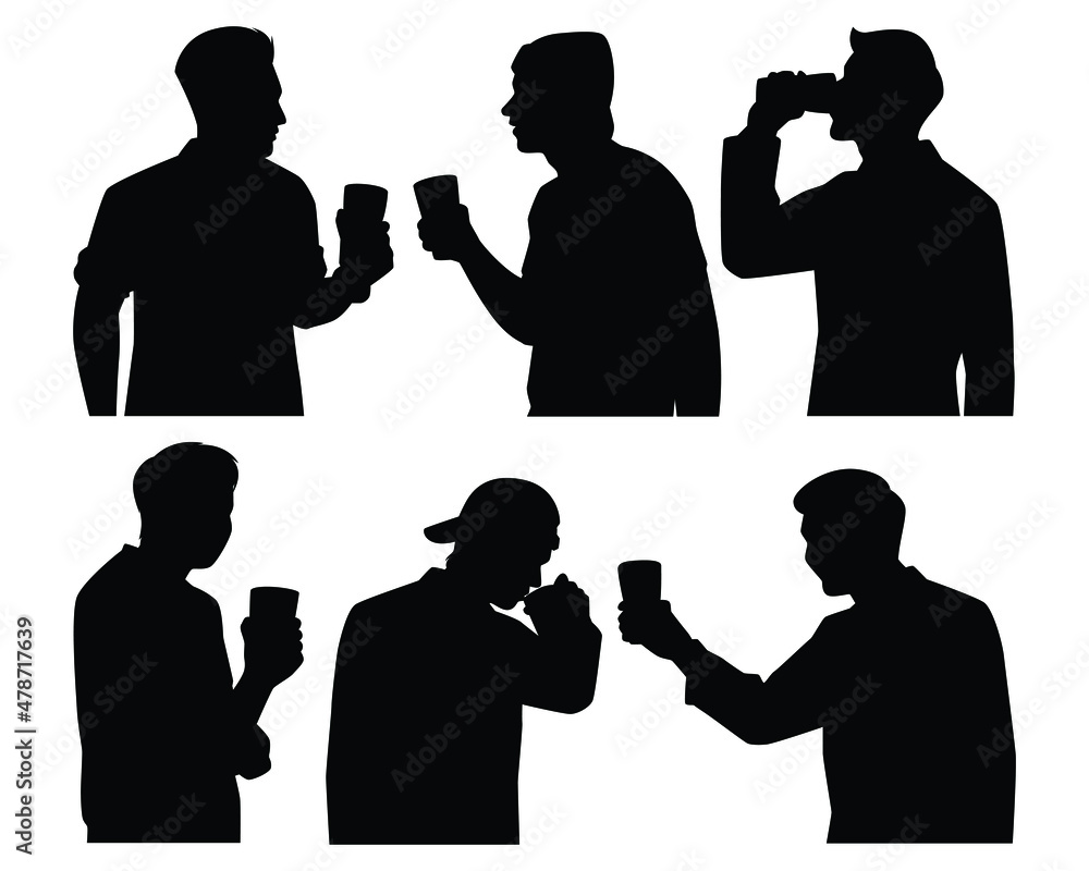 Set of drunk men with beer glass in hand silhouette , party people vector.