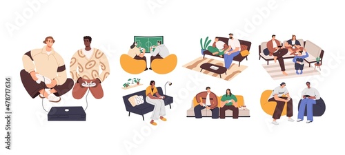 People players with consoles in hands playing video games. Happy adult gamers, families, couples, friends with joysticks at home playstation. Flat vector illustrations isolated on white background