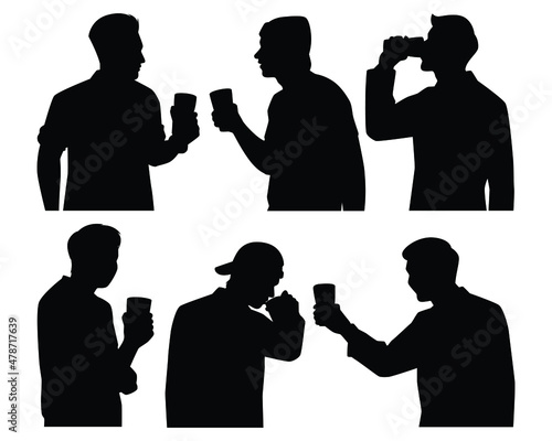 Set of drunk men with beer glass in hand silhouette , party people vector.