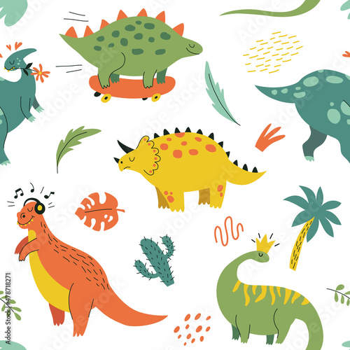 Seamless pattern with funny dinosaurs in hand drawn style. Creative childish texture. Great for fabric  textile. Isolated on white background vector illustration