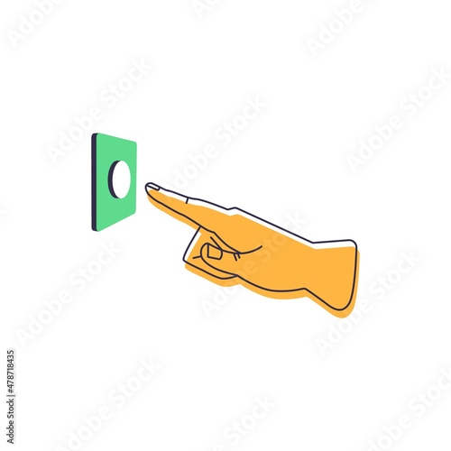 Finger pressing power button. Hand and wall doorbell. Forefinger pushing bell. Person turning off or switching on, activate smth. Flat vector illustration isolated on white background