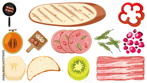 Collection of food ingredients on white background