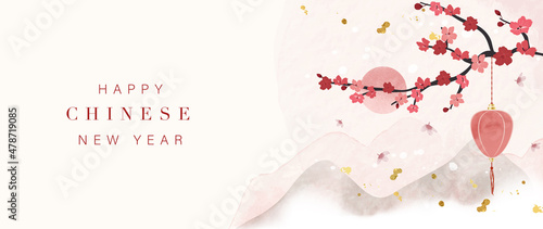 Chinese new year watercolor background vector. Oriental festive art design for place text and product images. Design for sale banner, cover and invitation.