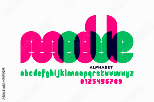 Modular style font, alphabet letters and numbers, vector illustration
