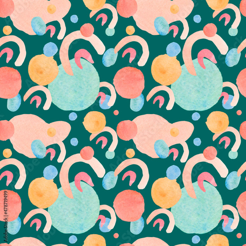 Seamless abstract pattern with pastel shapes on trendy green background. Watercolor, textural, repeating hand painted print. Designs for textile, fabric, wrapping paper, packaging, scrapbook paper.