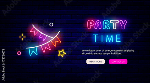 Party time neon invitation. Colorful paper garland with flags. Website template and mobile apps. Vector illustration