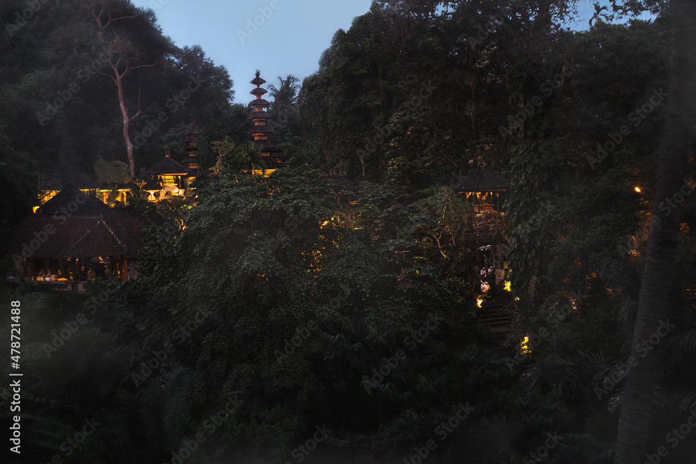 Fototapeta premium Temple of Eternity, I stumbled across the bridge with this magical view of the sacred Gunung Lebah temple in Ubud Bali, there was a ceremony happening on that day.