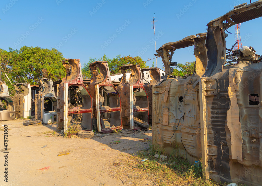 Fototapeta premium Industry factory of broken old cars crash from accidents. Transportation used vehicles.