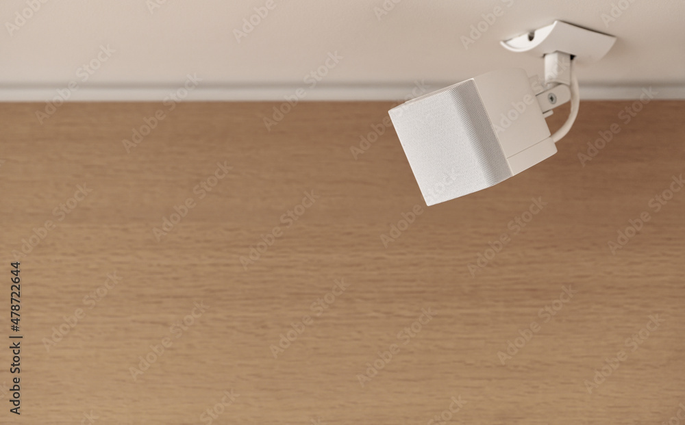 Silver speaker mounted on the ceiling for a good sound inside a house ...