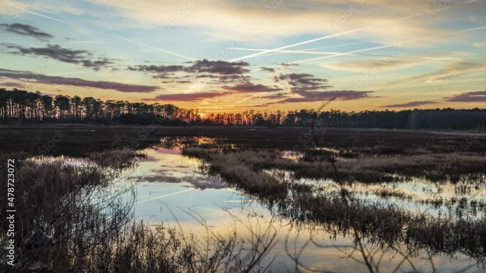 Time lapse over swampland as clouds roll in reflecting in the water