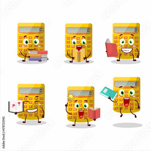 A picture of yellow calculator cartoon character concept reading an amusing book