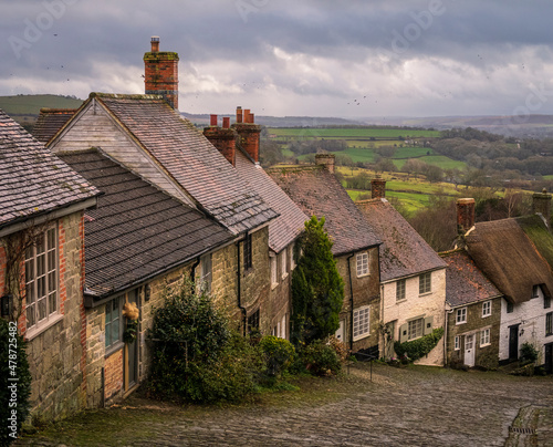 Famous street view from Gold Hill Shaftesbury Dorset south west England photo
