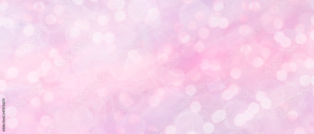 春用イルミネーション風横長背景）ピンクの丸いボケライトの抽象イラストバナー　パステルカラー　幻想的