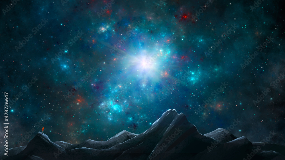 Climber, man in jacket standing on mountain with colorful blue fractal nebula with star field and sun. Digital painting, 3D rendering Climber, man in jacket standing on mountain with colorful blue fractal nebula with star field and sun. Digital painting, 3D rendering