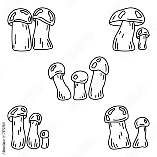 Edible forest mushrooms. Orange birch bolete, orange-capped bolete, red-capped scaber stalk. Set of vector icons, outline, isolated
