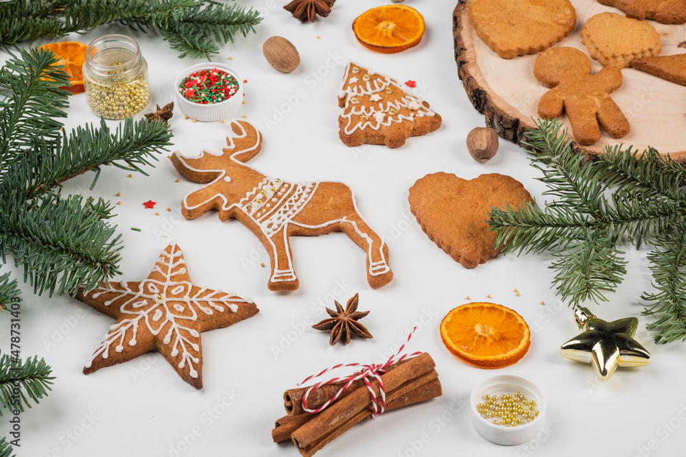 Christmas homemade gingerbread cookies, festive homemade decorated sweets. Assortment of decorated Christmas cookies. Christmas homemade gingerbread cookies, festive homemade decorated sweets. Assortment of decorated Christmas cookies.