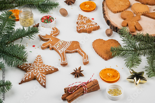Christmas homemade gingerbread cookies, festive homemade decorated sweets. Assortment of decorated Christmas cookies.