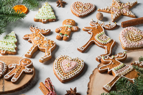 Christmas homemade gingerbread cookies, festive homemade decorated sweets. Assortment of decorated Christmas cookies.