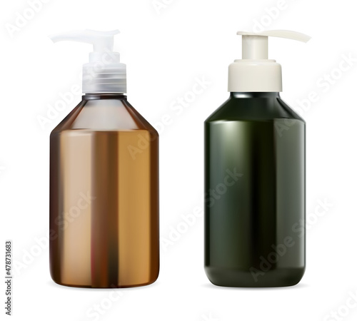 Shampoo pump bottle. Liquid soap bottle mockup. Brown plastic dispenser bottle for liquid cosmetic. Skin moisturizer beauty product realistic tube. Body wash milk packaging illustration