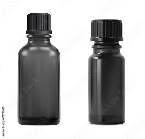 Essential oil bottle. Small black glass cosmetic oil bottle, isolated on white. Aroma liquid vial realistic blank, homeopatic syrup. Organic treatment flask template. Small apothecary jar