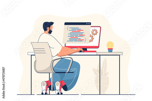 Fototapeta Naklejka Na Ścianę i Meble -  Programmer working concept for web banner. Man work with code and programming at computer, creates software modern person scene. Illustration in flat cartoon design with people characters